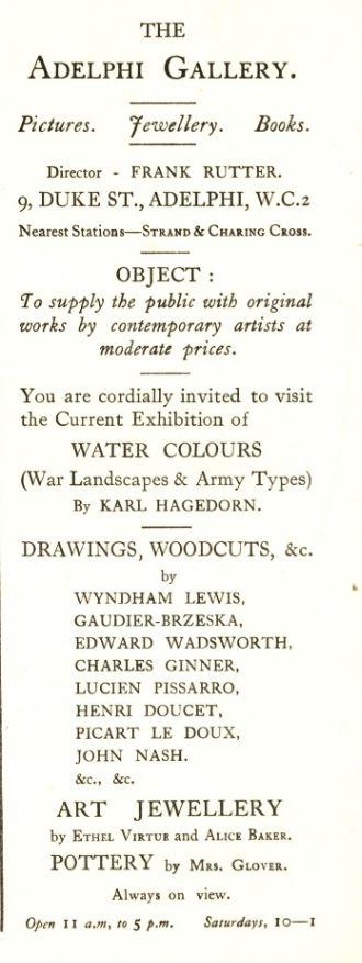 Adelphi Gallery: Advert Spring 1920 Adelphi Gallery: Advert Spring 1920